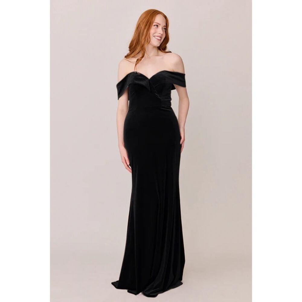 Revelry Bardot Off The Shoulder Velvet Bridesmaid Maxi Dress in Black Size 10